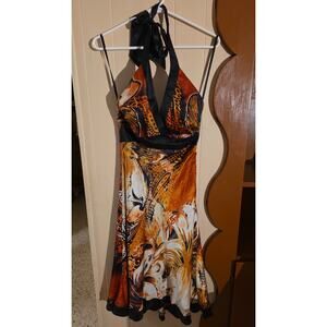 Cache Vintage Silk Halter Dress M Brown Abstract Print Midi Formal